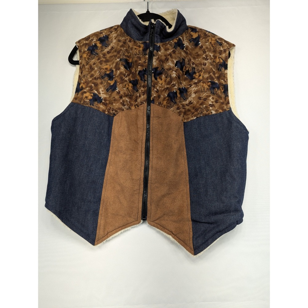 Womens Western Vest Horse Print Denim‎ Suede Sherpa Lined Zip Up Cowboy Style PL